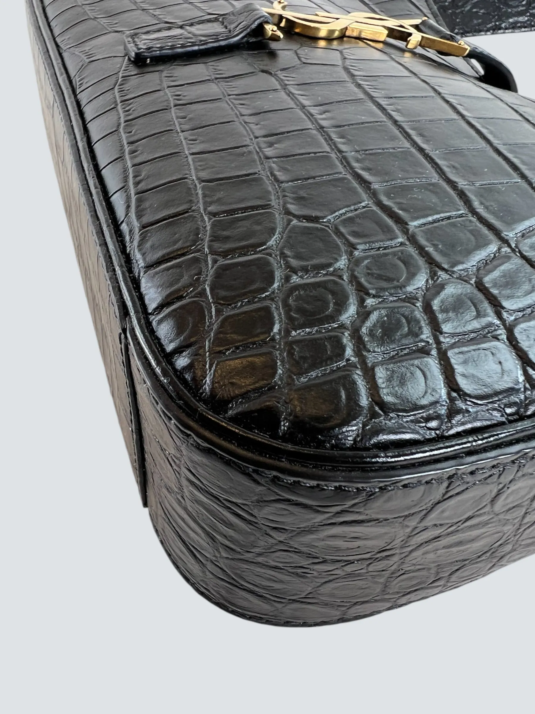 Saint Laurent Black Croc Effect Leather Shoulder Bag