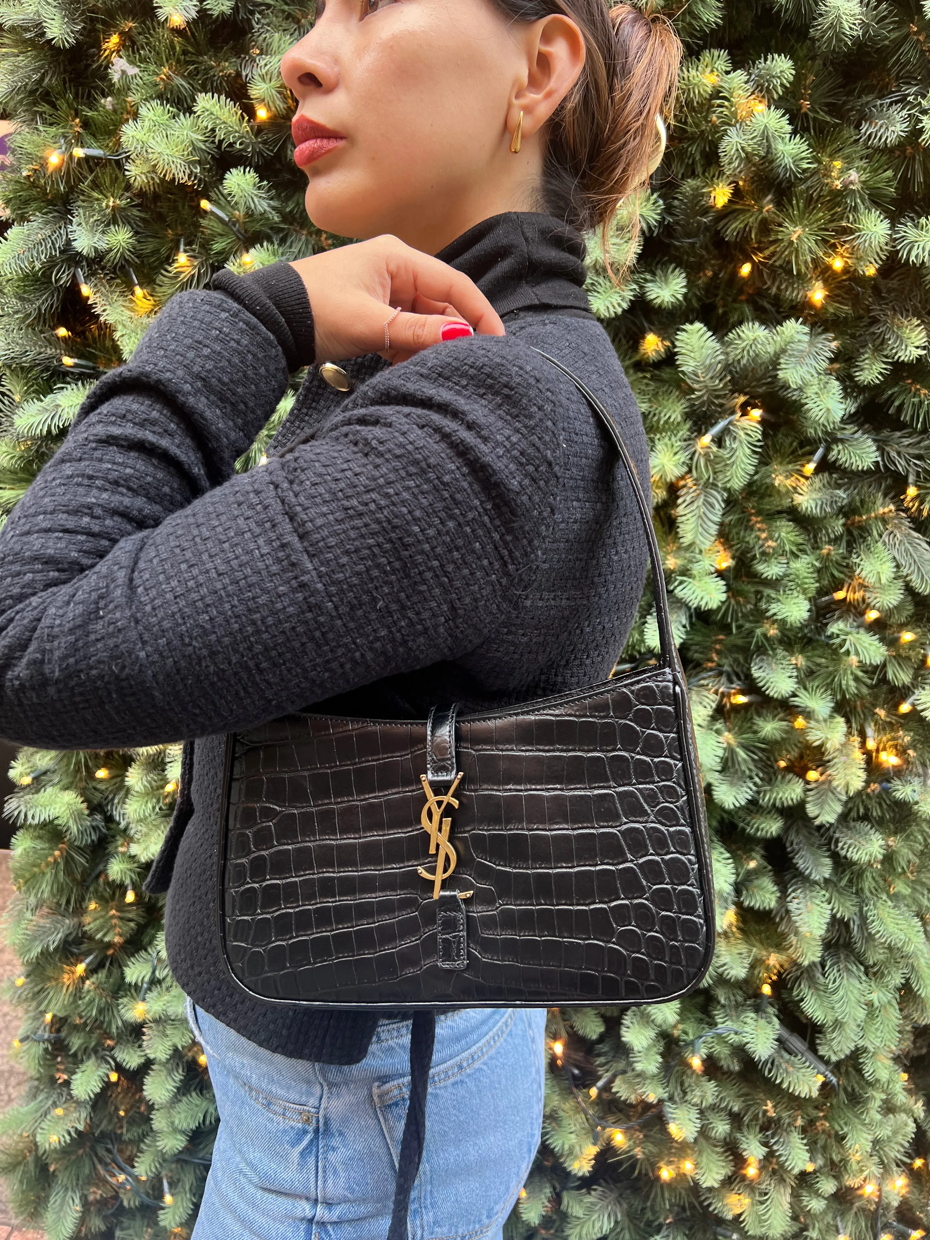 Saint Laurent Black Croc Effect Leather Shoulder Bag