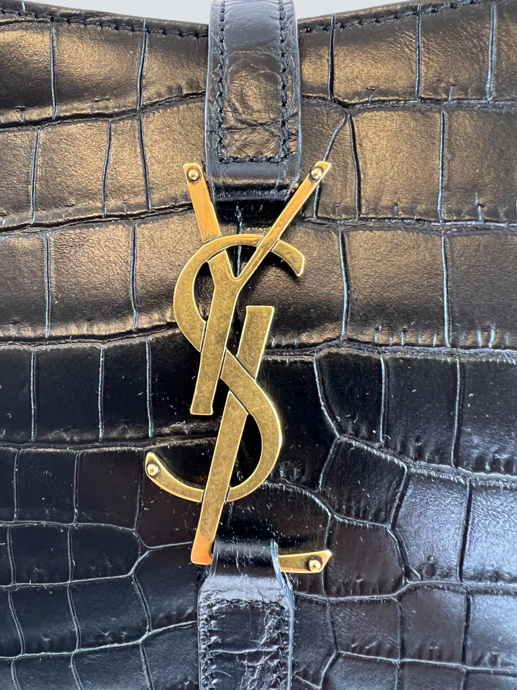Saint Laurent Black Croc Effect Leather Shoulder Bag