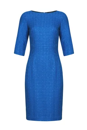 Sapphire Blue 3/4 Sleeve Plain Tweed Dress - Angela