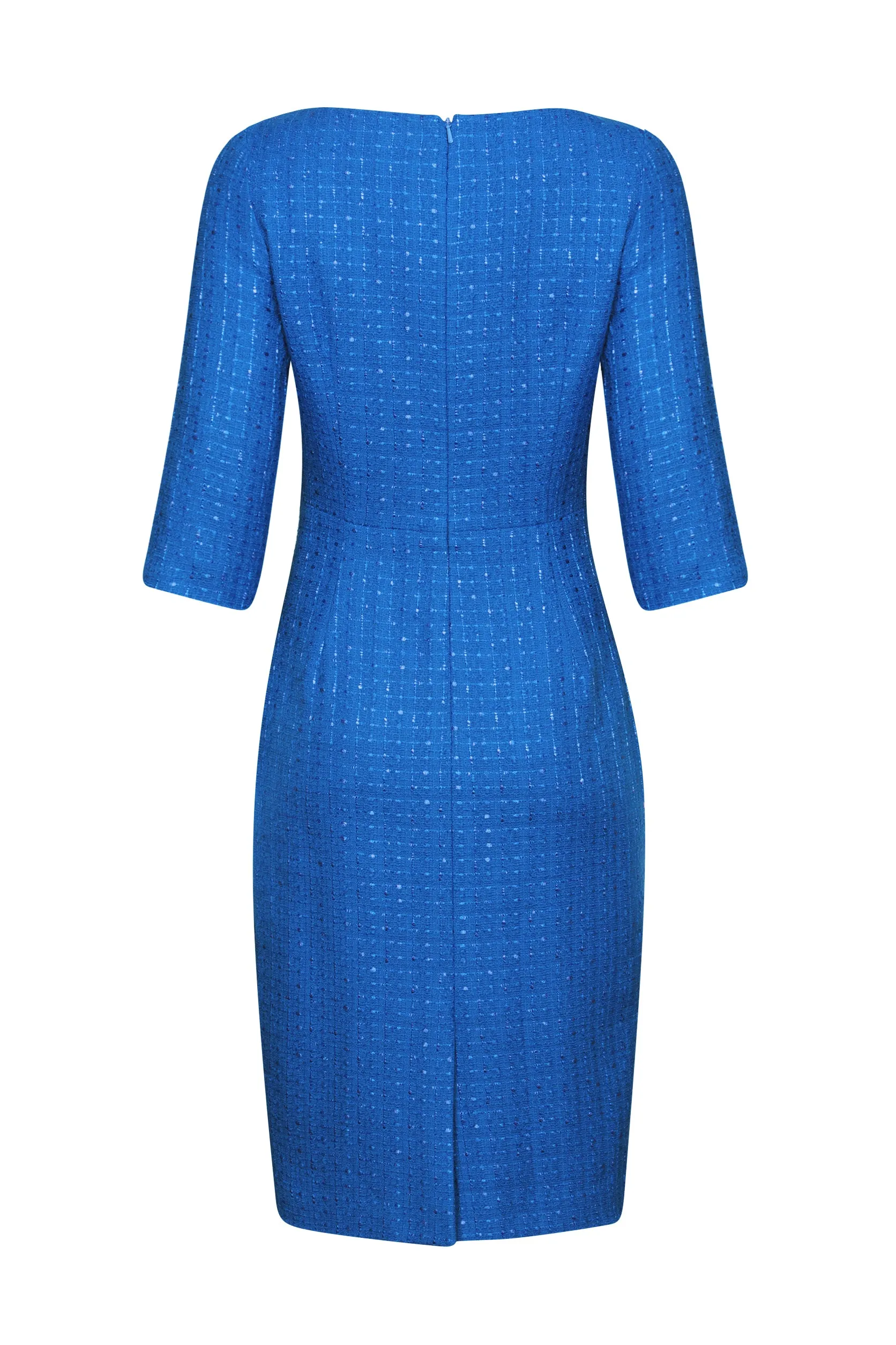 Sapphire Blue 3/4 Sleeve Plain Tweed Dress - Angela
