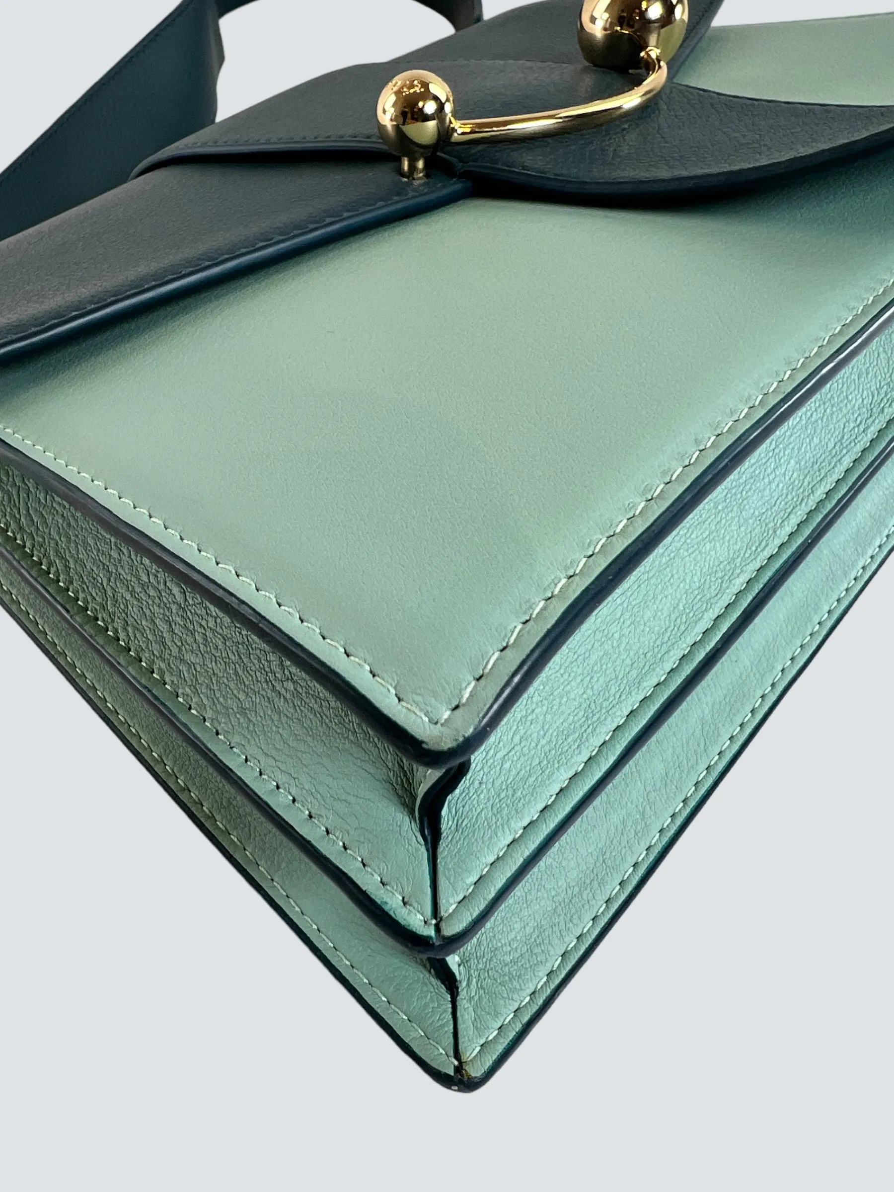 Strathberry Scotland Mint Green and Teal Leather Crescent Shoulder Bag
