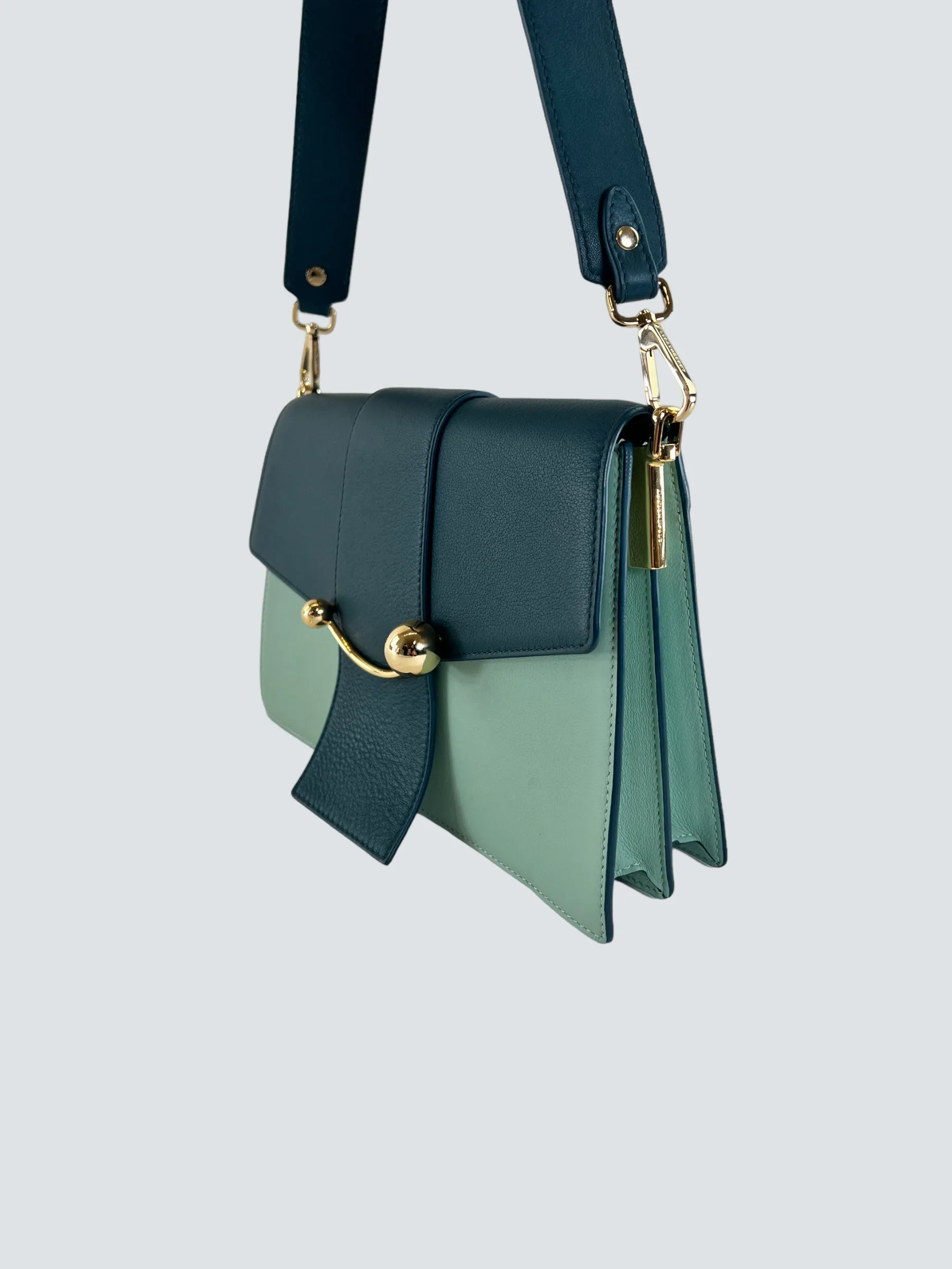 Strathberry Scotland Mint Green and Teal Leather Crescent Shoulder Bag