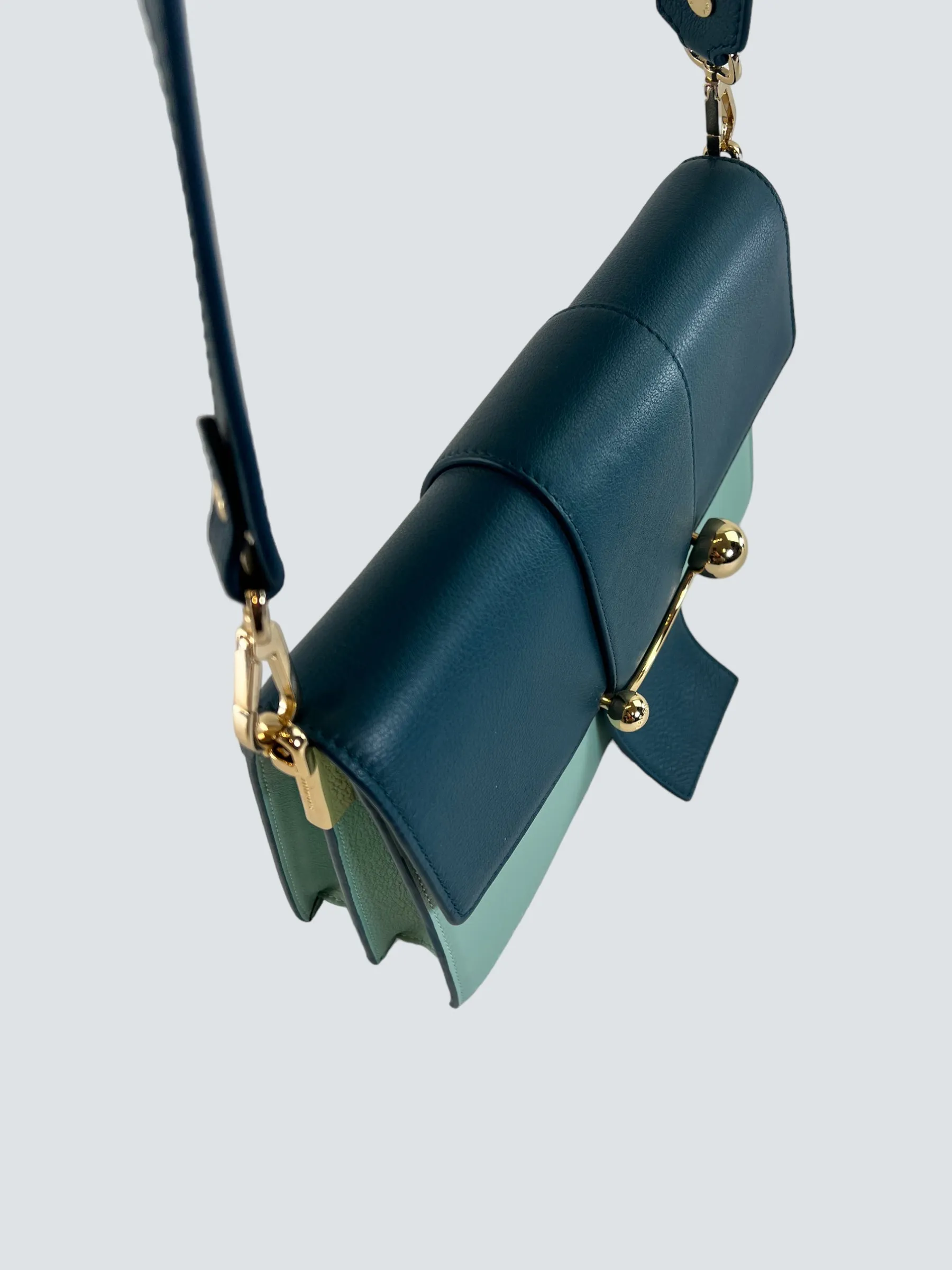 Strathberry Scotland Mint Green and Teal Leather Crescent Shoulder Bag