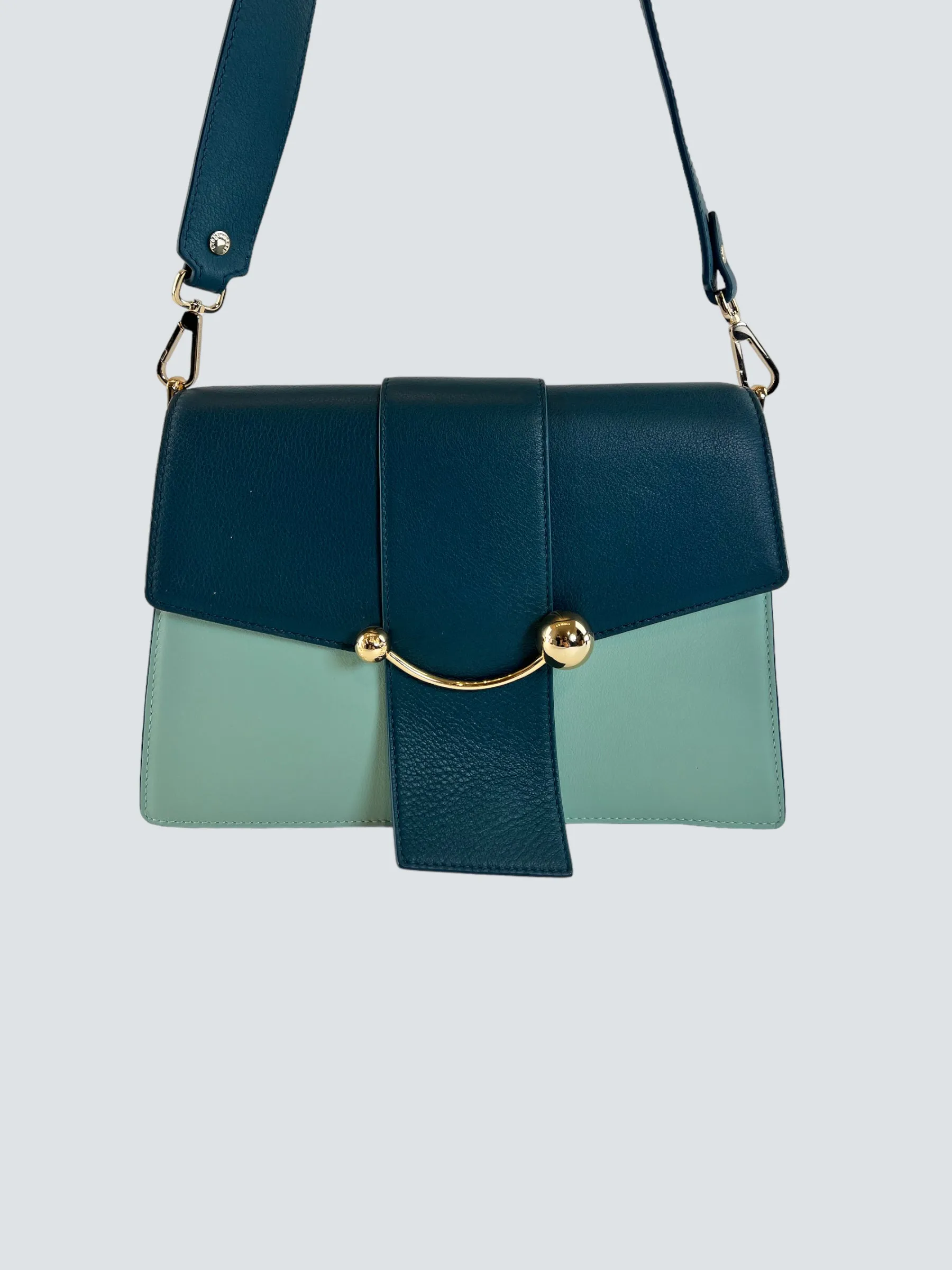 Strathberry Scotland Mint Green and Teal Leather Crescent Shoulder Bag