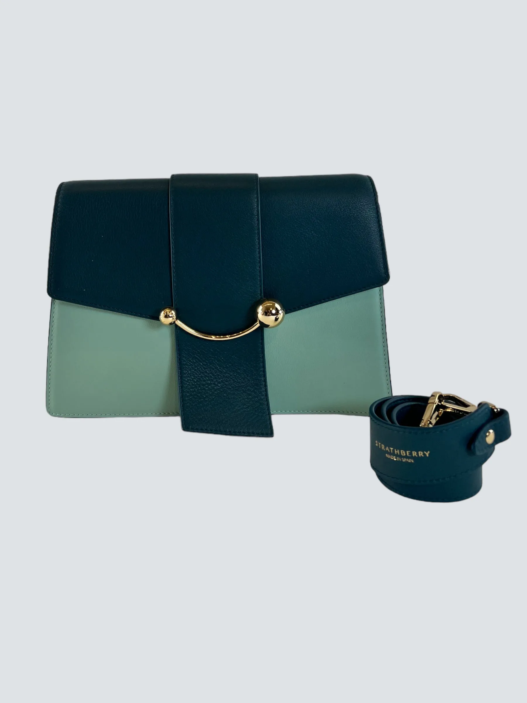 Strathberry Scotland Mint Green and Teal Leather Crescent Shoulder Bag