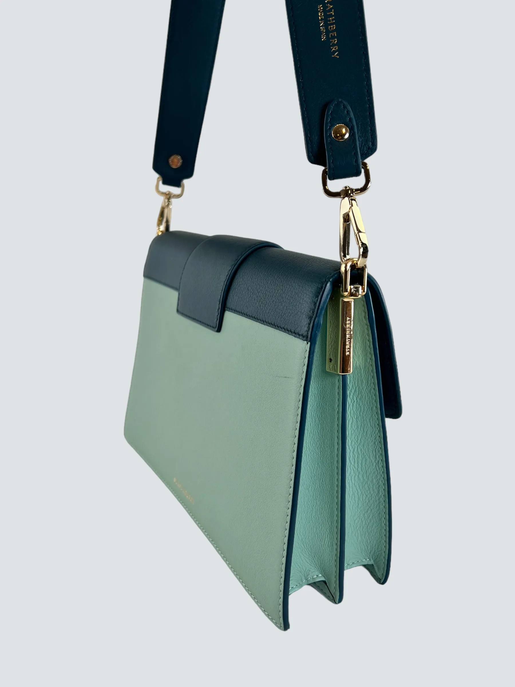 Strathberry Scotland Mint Green and Teal Leather Crescent Shoulder Bag