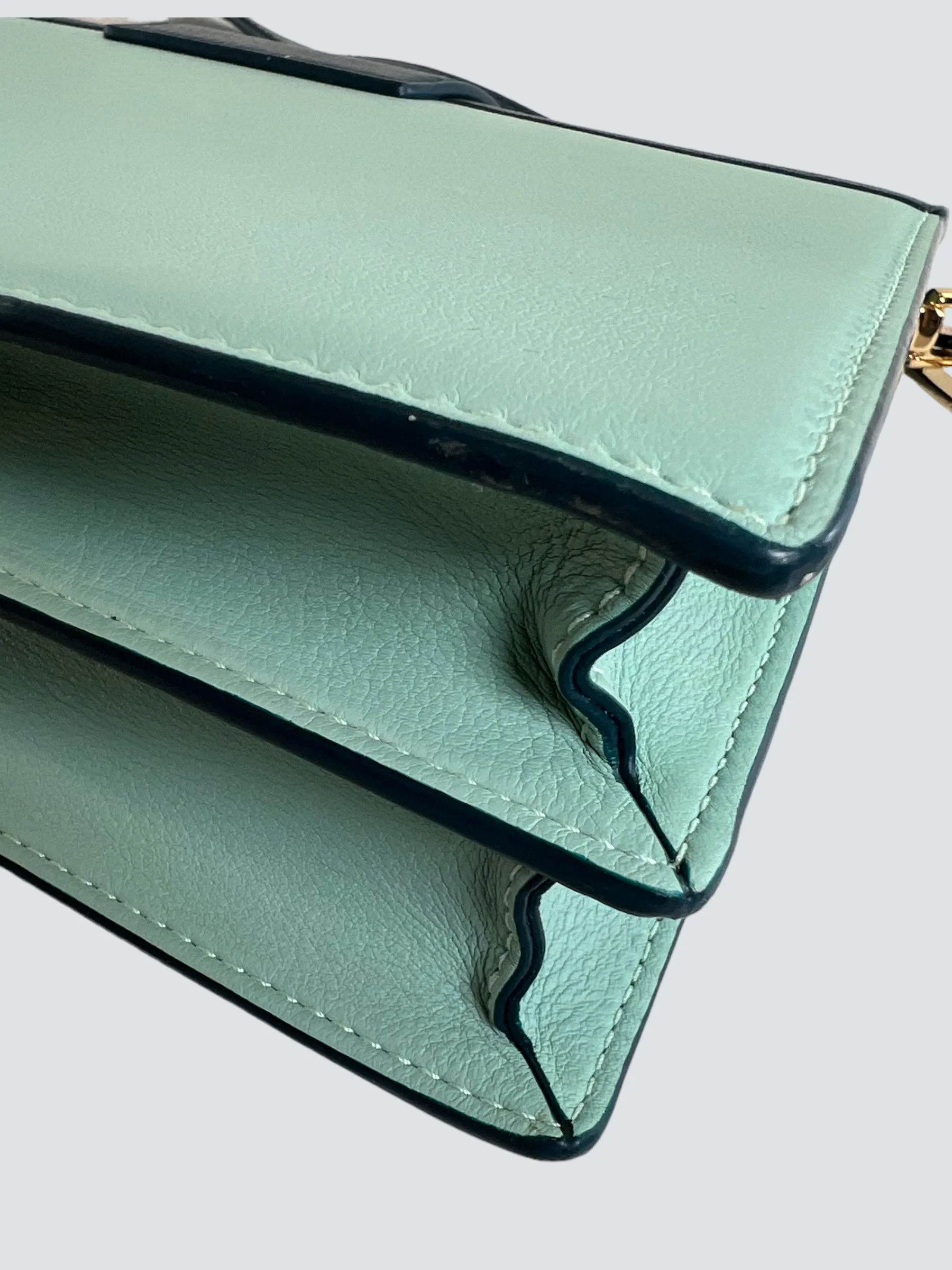 Strathberry Scotland Mint Green and Teal Leather Crescent Shoulder Bag