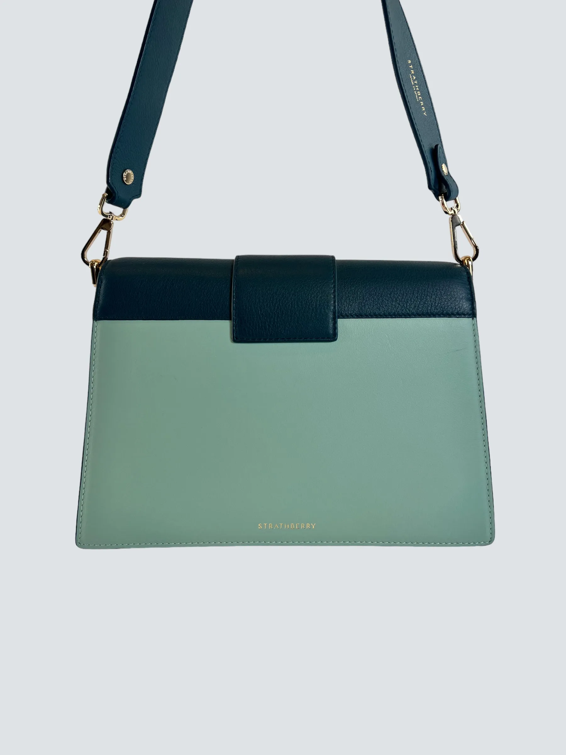 Strathberry Scotland Mint Green and Teal Leather Crescent Shoulder Bag