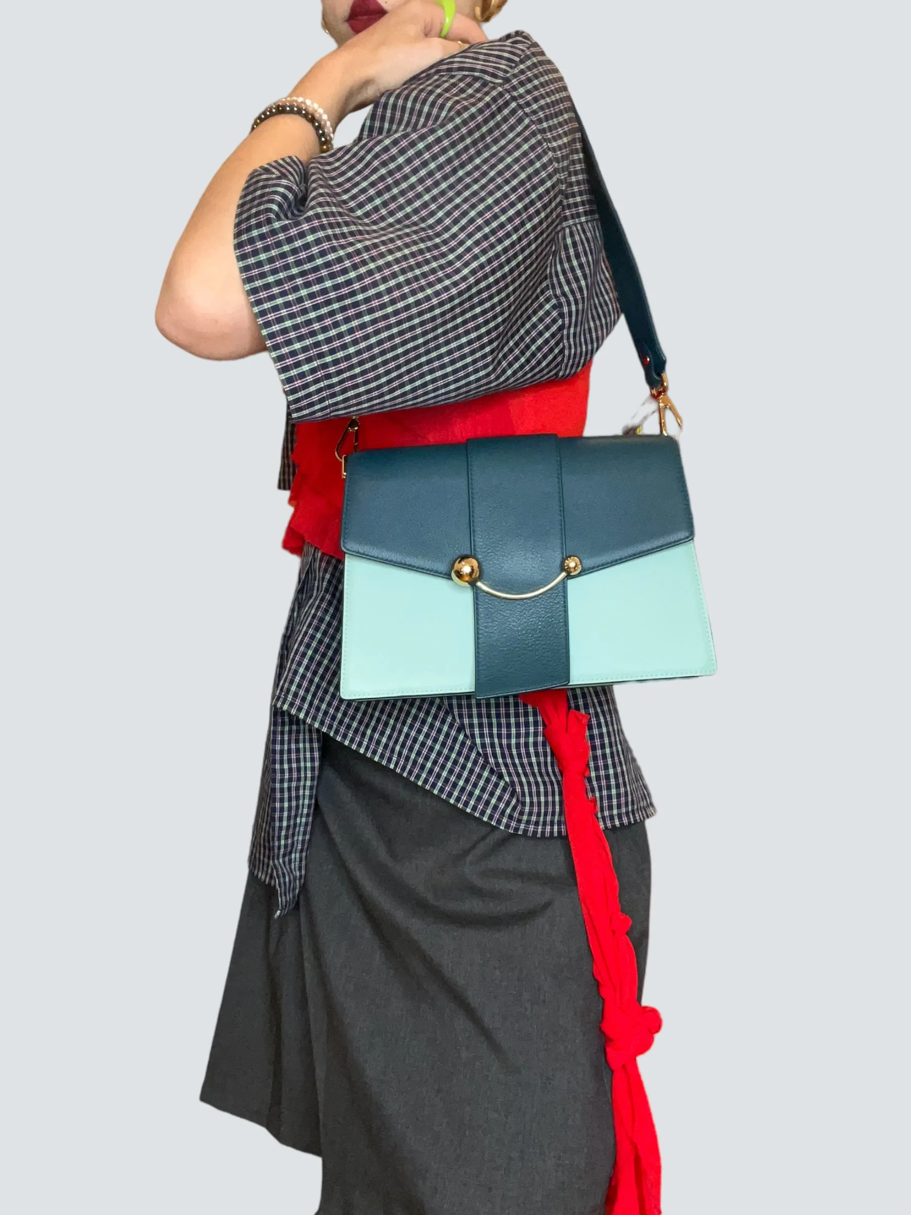 Strathberry Scotland Mint Green and Teal Leather Crescent Shoulder Bag