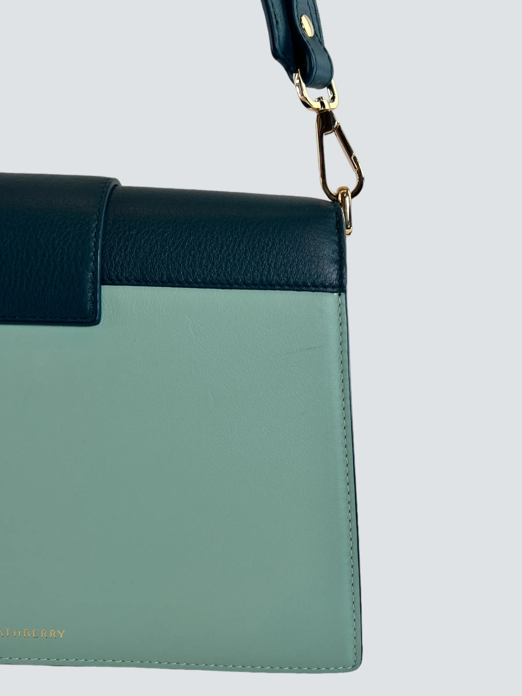Strathberry Scotland Mint Green and Teal Leather Crescent Shoulder Bag