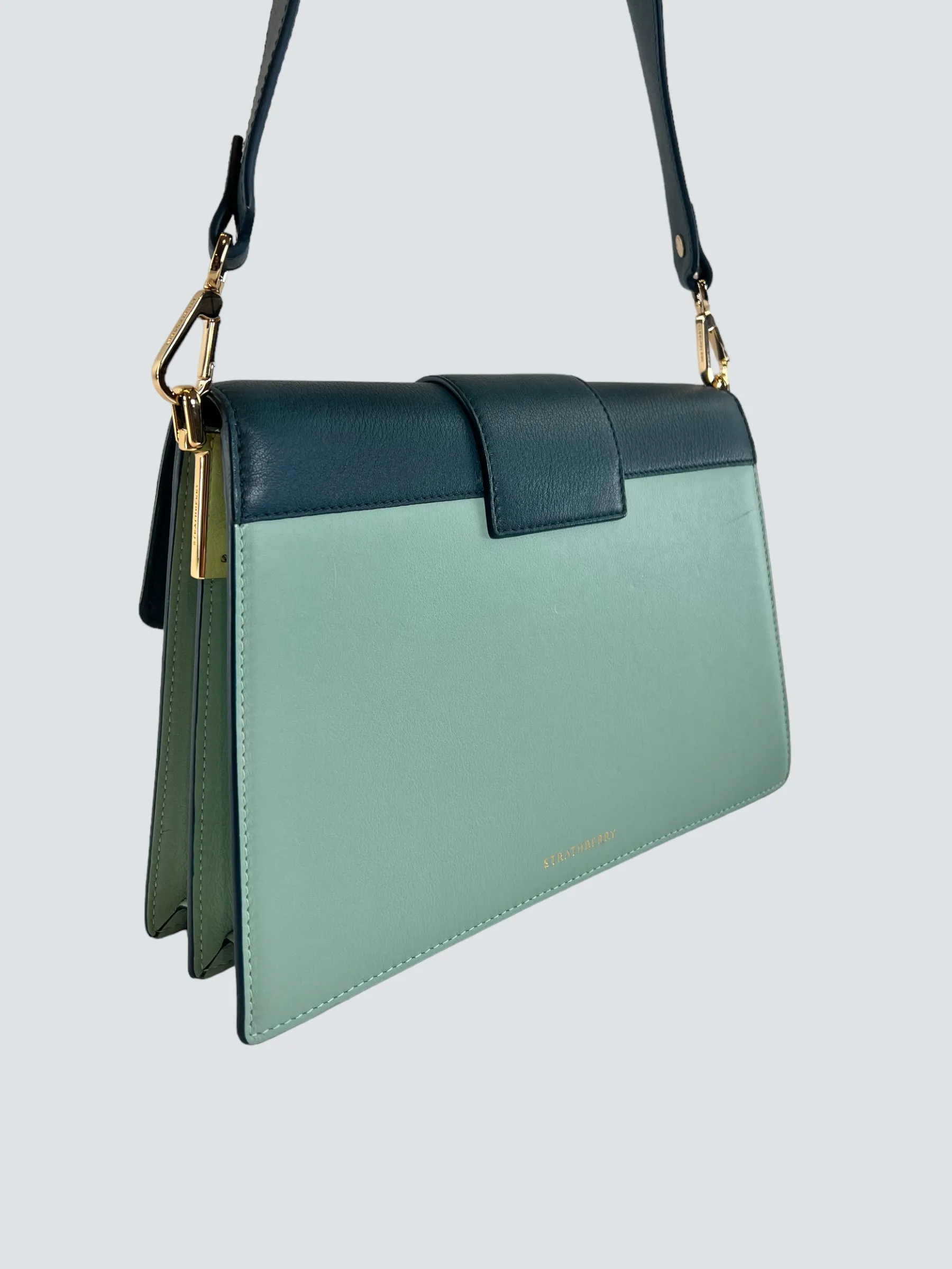 Strathberry Scotland Mint Green and Teal Leather Crescent Shoulder Bag