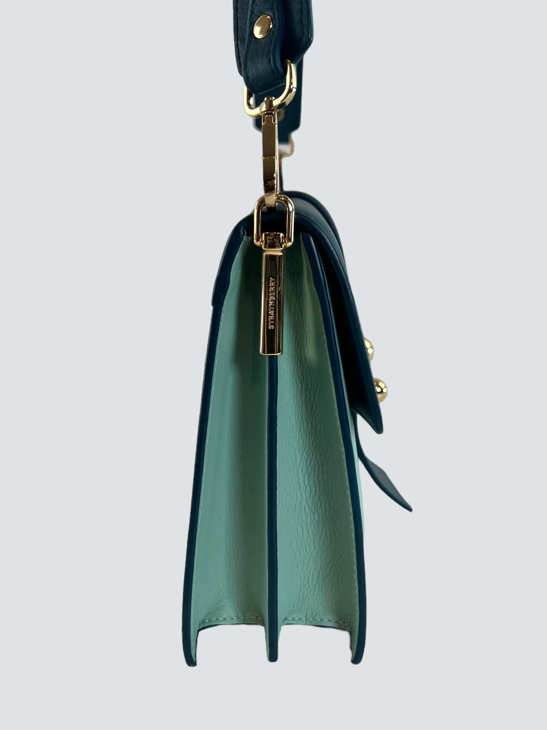Strathberry Scotland Mint Green and Teal Leather Crescent Shoulder Bag