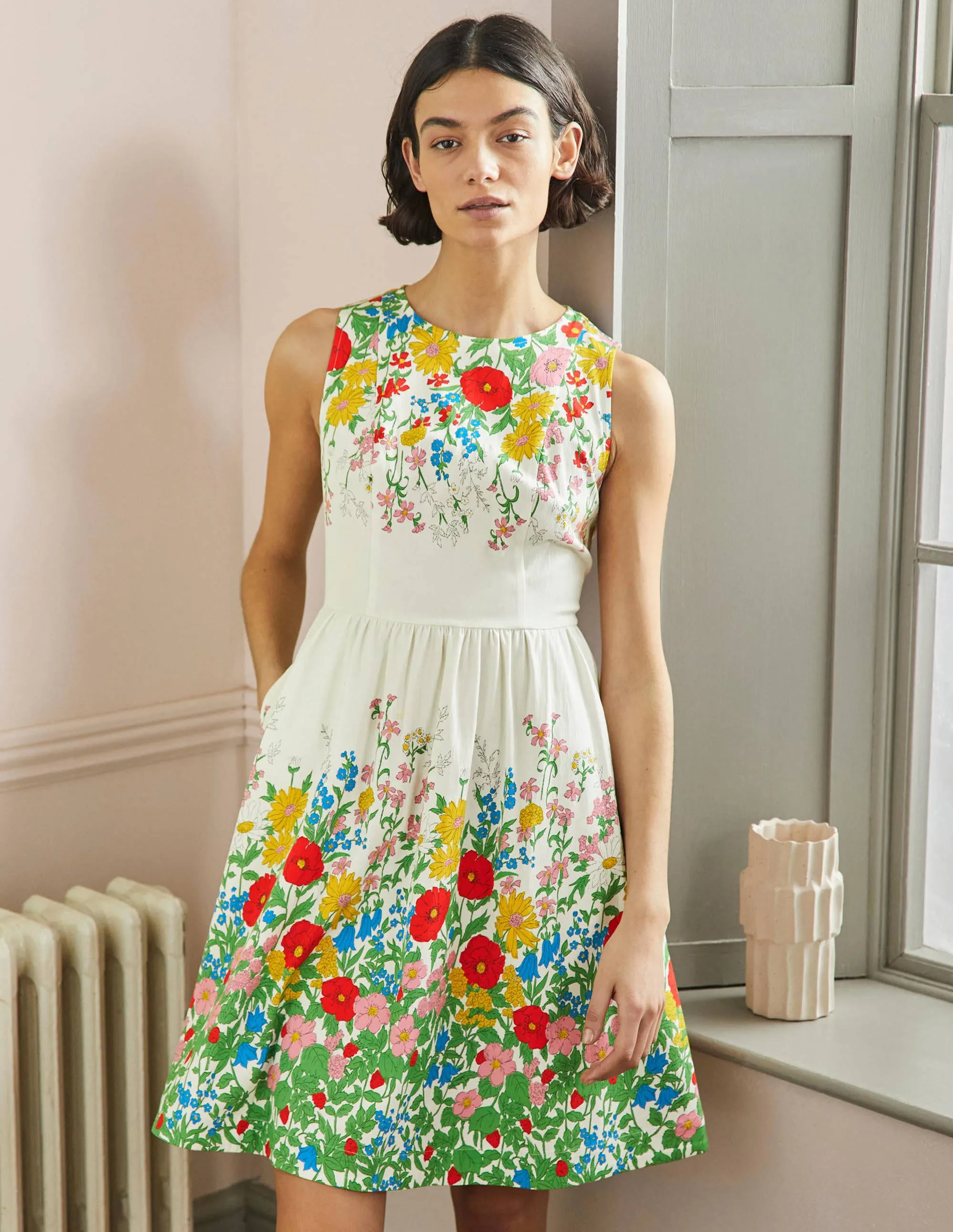 Tara Fit-and-Flare Dress-Ivory. Botanical Terrace