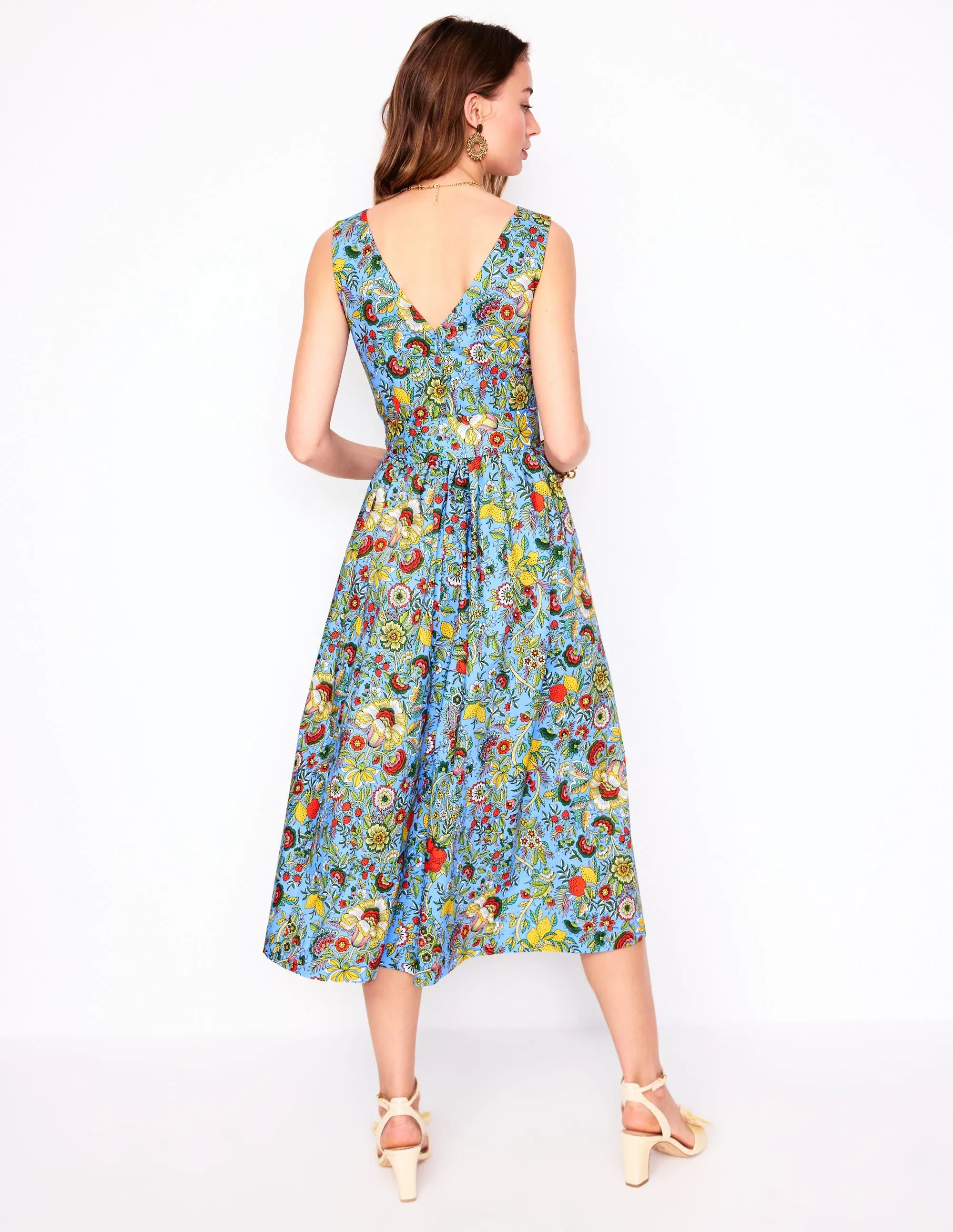 V-Neck Belted Flare Dress-Multi. Citrus Vine