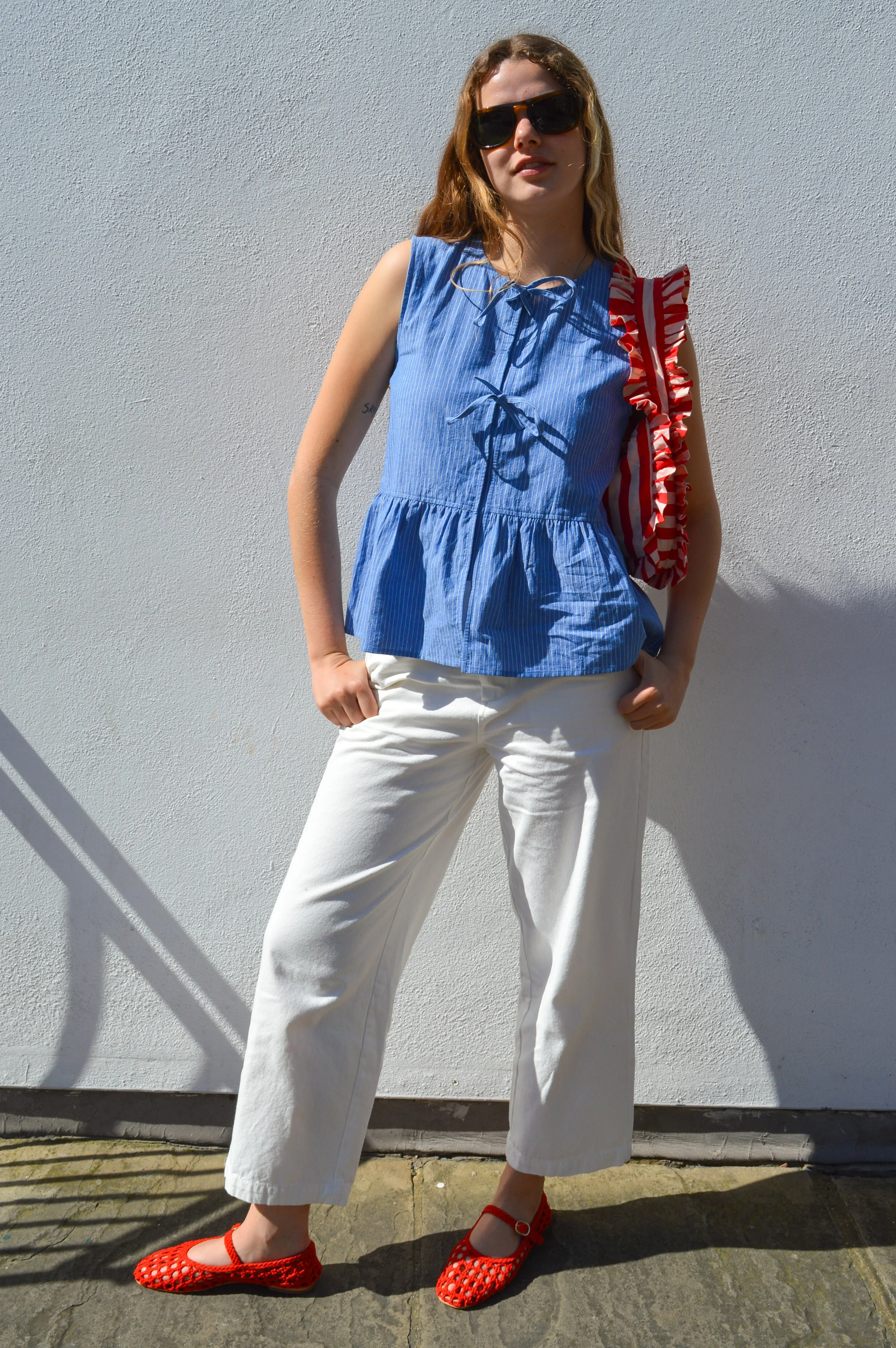Yerse Ava Blue Stripe Tie Front Top