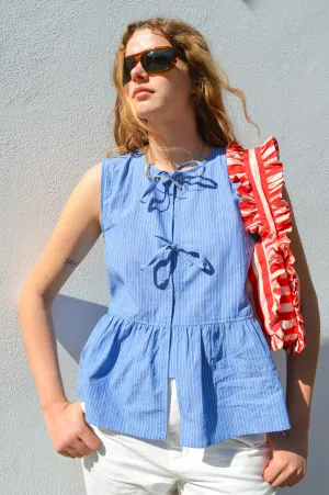 Yerse Ava Blue Stripe Tie Front Top