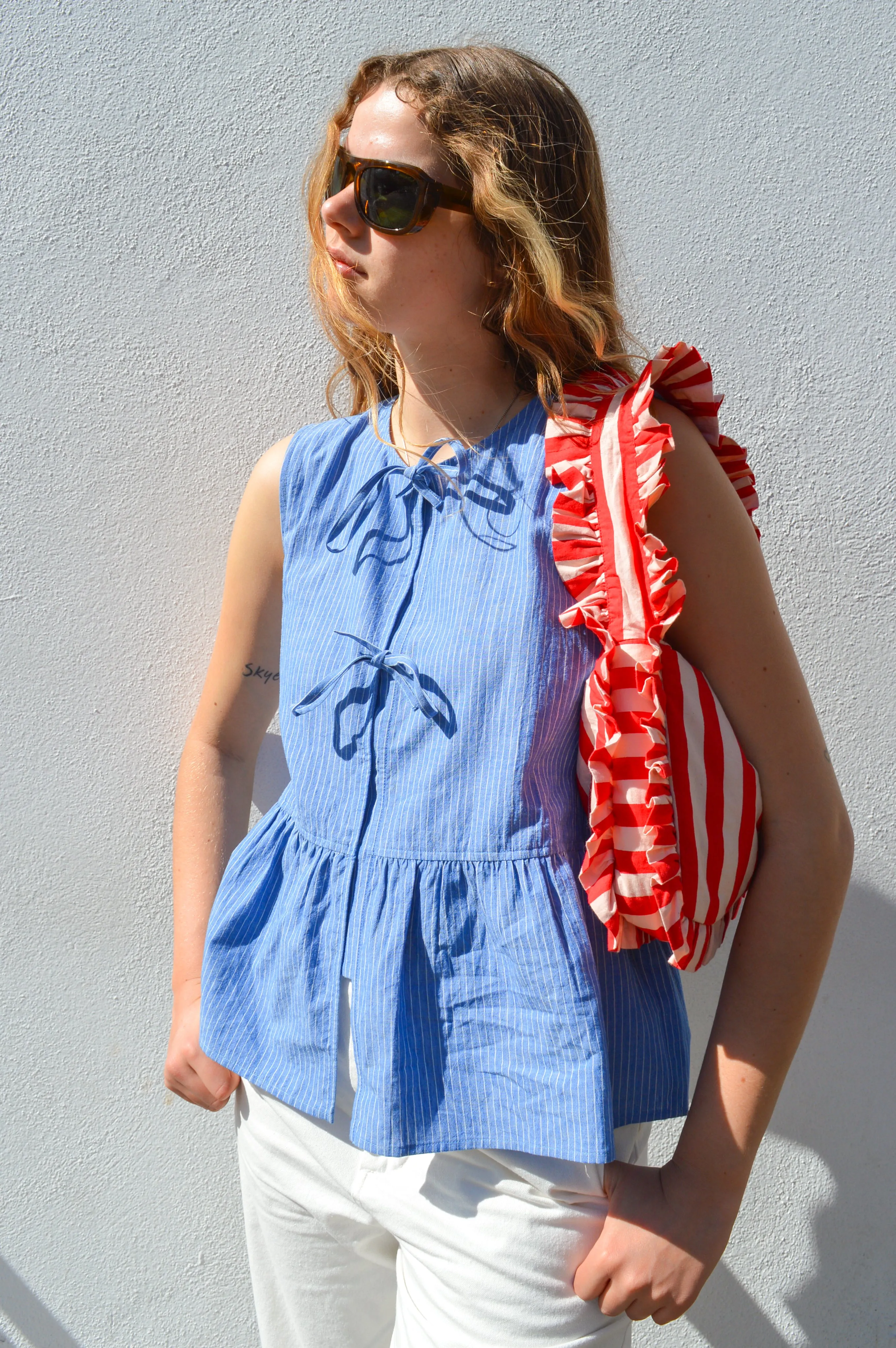 Yerse Ava Blue Stripe Tie Front Top