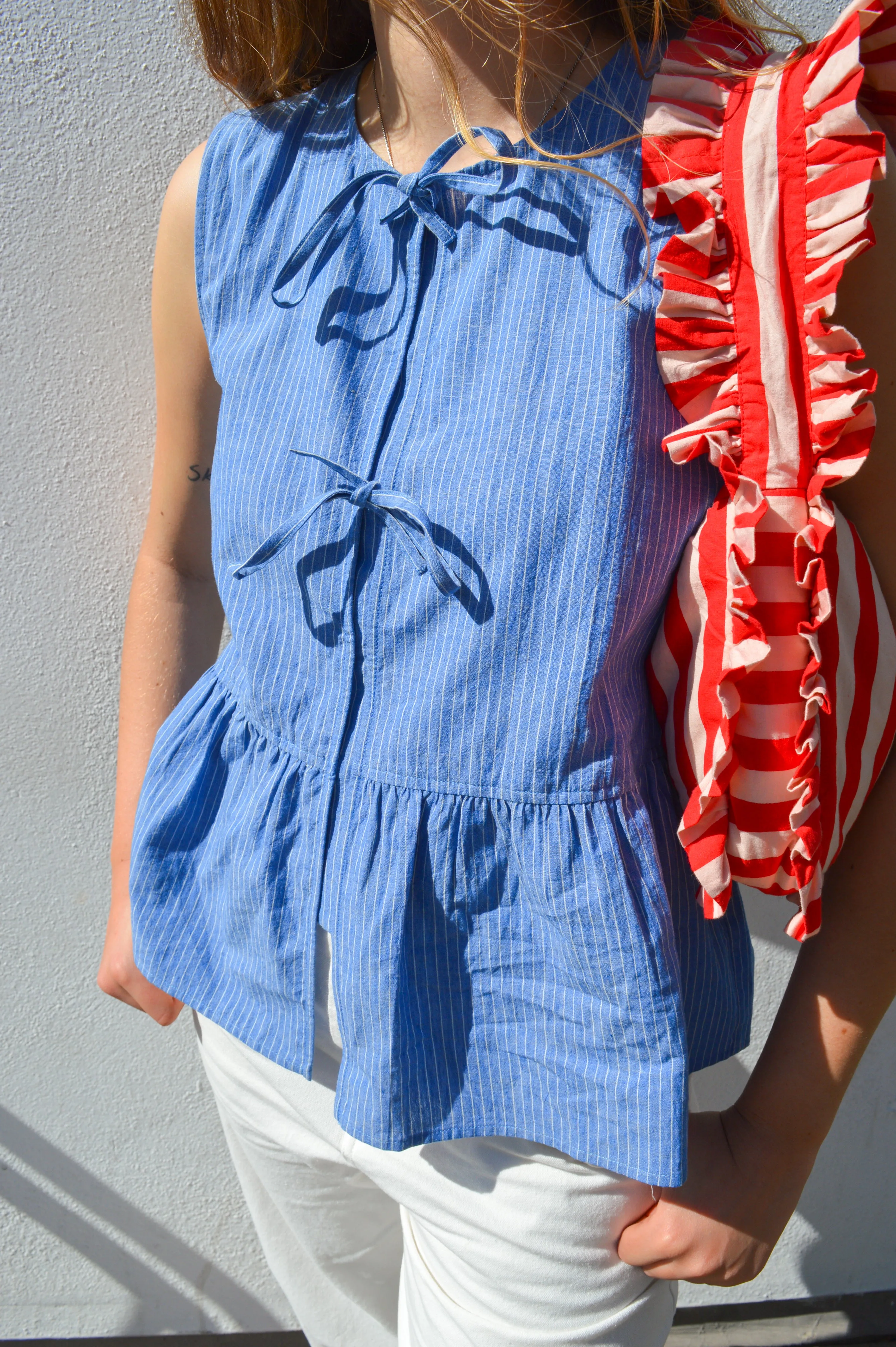 Yerse Ava Blue Stripe Tie Front Top